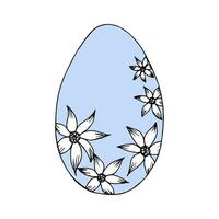 Hand-drawn black outline vector easter egg with floral pattern on a blue background. White spring flowers, holiday design of cards, stickers, prints. Holy Sunday Spring Festival