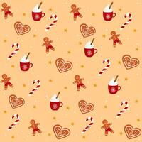 Christmas winter pattern concept. Concept pattern with ginger cookies, cocoa and caramel cane. Vector illustration