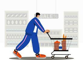 Man at supermarket with cart vector