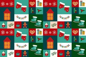 Merry Christmas abstract geometric pattern. Mittens, skates, caramel cane, gingerbread house, candles, gingerbread, snowflakes, holly in geometric style vector