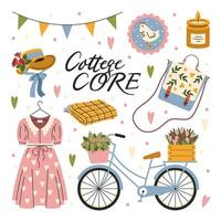 A set of cute cottage core style elements. Rural girl aesthetics. Flowers, retro clothes, vintage dresses. Vector, flat, cartoon illustration vector