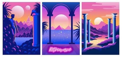 un conjunto de resumen paisaje póster en retrofuturismo estilo. retro ola y ciberpunk. neón colores, griego columnas y un estatua. vector