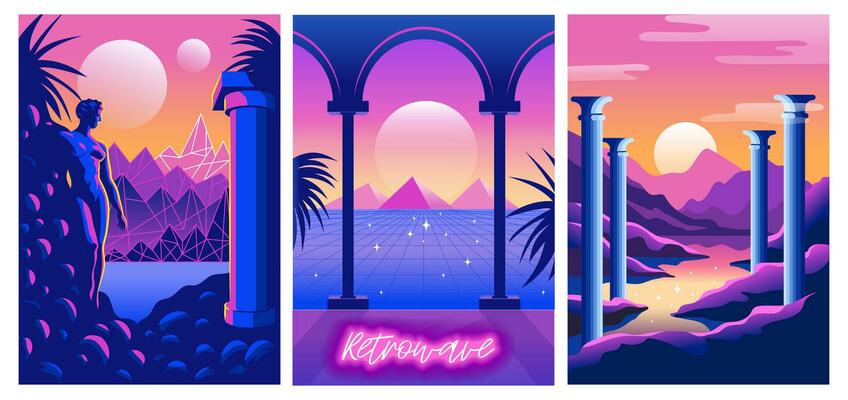 A set of abstract landscape poster in retrofuturism style. Retro wave and cyberpunk. neon colors, Greek columns and a statue.