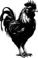 Vector illustration. Black silhouette of a rooster standing on one leg. Isolated on a white background.