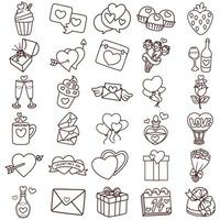 vector illustration set of detailed line art icons with a heart and valentine theme