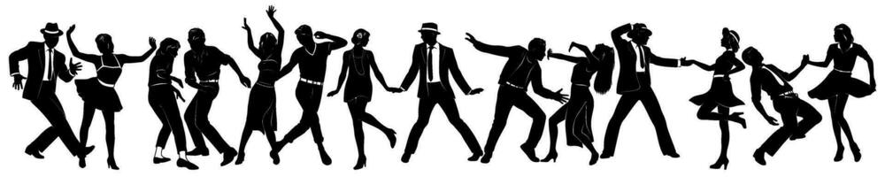 bailando personas siluetas colocar. balancearse, girar, charlestón, disco bailarines todas cifras son separar y completamente terminado. lata ser usado solo, en pares o grupos vector clipart aislado en blanco.