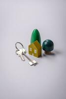 A small wooden house and keys as an idea for investing in your own home photo