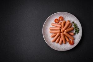 Delicious small sausages with salt, spices and herbs photo