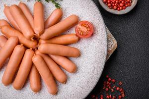 Delicious small sausages with salt, spices and herbs photo