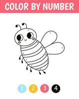 Color by number game for kids. Cute bee. Insect coloring book. Printable worksheet with solution for school and preschool. Learning numbers activity. Vector cartoon illustration.