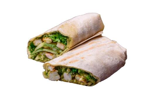 delicioso Fresco rodar con camarones, Tomates, lechuga y Pepino en Agave un pan foto