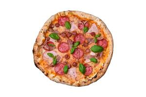 Delicious fresh oven baked pizza with salami, meat, cheese, tomatoes photo