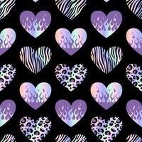 Metallic holographic Y2k sticker for Valentines Day. Seamless pattern. Shining gradient heart on fire, animalistic pattern. Zebra, leopard, tiger. foil in 2000s style. Flame. Aesthetics 90s, 00s. vector