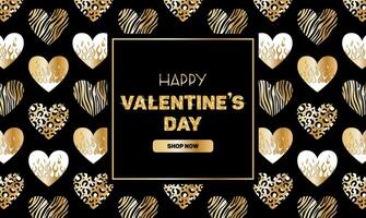 Horizontal luxury banner for Valentines Day. Metallic holographic Y2k sticker, Gold Shining gradient heart on fire, animalistic pattern. Zebra, leopard, tiger. foil in 2000s style. Flame. 90s, 00s. vector