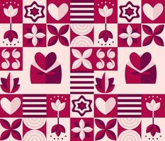 Romantic vector abstract geometric mosaic background with hearts, flowers in retro Scandinavian style, pink red tones.