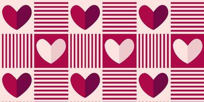 Romantic vector abstract geometric mosaic background with hearts, flowers in retro Scandinavian style, pink red tones.