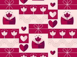 Romantic vector abstract geometric mosaic background with hearts, flowers in retro Scandinavian style, pink red tones.