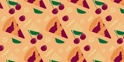 Vector seamless pattern with pies and cherries, delicious round dessert. Top view of the pie.