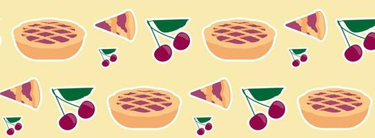Vector seamless pattern with pies and cherries, delicious round dessert. Top view of the pie.