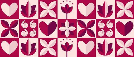Romantic vector abstract geometric mosaic background with hearts, flowers in retro Scandinavian style, pink red tones.