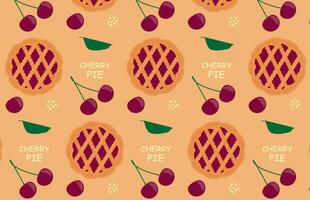 Vector seamless pattern with pies and cherries, delicious round dessert. Top view of the pie.