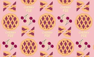 Vector seamless pattern with pies and cherries, delicious round dessert. Top view of the pie.
