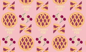 Vector seamless pattern with pies and cherries, delicious round dessert. Top view of the pie.