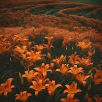 AI generated orange lilies in a field of green grass photo