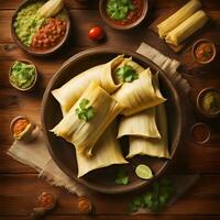 ai generado mexicano comida tamales en un cuenco con vegetales y salsas foto