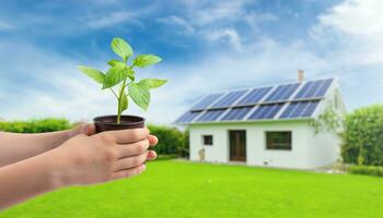 Seedling in a pot in hands. Solar panels on home with green yard in background promoting eco-friendly choices and reducing carbon footprint photo