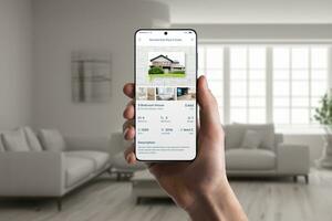 AI generated Real estate app on phone display in man hand. Property listings for an effortless home search experience photo
