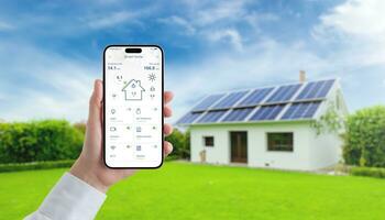 Hand holding smartphone with smart home app, monitoring solar panel energy, temperature, and home consumption, advancing the concept of efficient green living photo