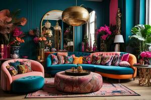 AI generated Contemporary Maximalist Lounge Interior, Eclectics photo