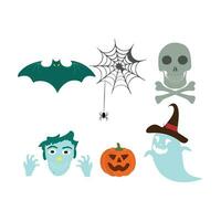 contento Víspera de Todos los Santos día elemento antecedentes vector. linda colección de escalofriante fantasma, calabaza, murciélago, dulce, gato, cráneo, araña, tumba, castillo. adorable Víspera de Todos los Santos festival elementos para decoración, huellas dactilares. vector