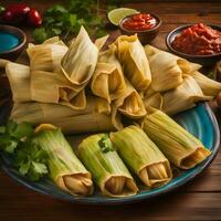 ai generado mexicano tamales con salsa y cilantro foto