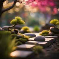 ai generado un pequeño jardín con rocas y arboles foto