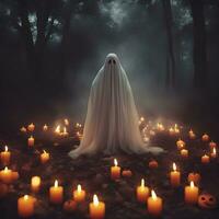 AI generated halloween ghost in the forest with candles photo