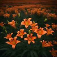 AI generated orange lilies in a field at night photo