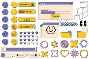computadora interfaz en retro neobrutalismo estilo. ventana, social medios de comunicación aplicación plantillas. Años 80 90s antiguo computadora ui elementos y Clásico estético iconos nostálgico retro operando sistema vector