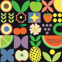 Geometric summer fresh fruit poster with colorful simple shapes. Scandinavian style abstract vector pattern design. Fruits modern geometric pattern background, vector food tile in abstract geometry.