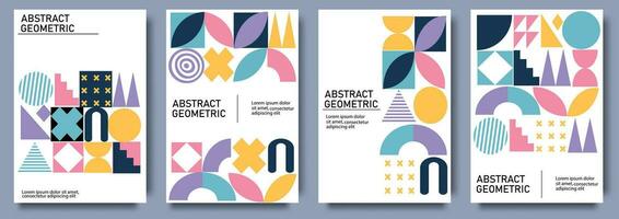 geométrico carteles con texturizado geométrico patrones y resumen formularios, retro cubrir diseño. de moda minimalista póster con sencillo cifras. moderno suizo estético impresión vector conjunto