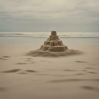 ai generado un arena castillo en el playa con un nublado cielo foto