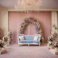 AI generated a wedding ceremony with a blue couch and flowers photo