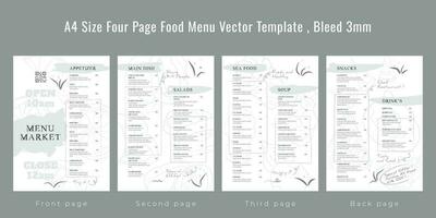 Restaurant cafe menu, template design, A4 size four page food menu template, Bleed 3mm vector