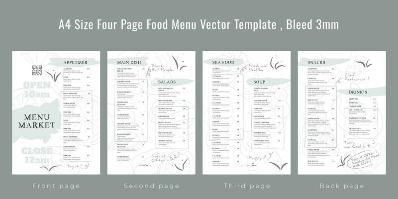 Restaurant cafe menu, template design, A4 size four page food menu template, Bleed 3mm