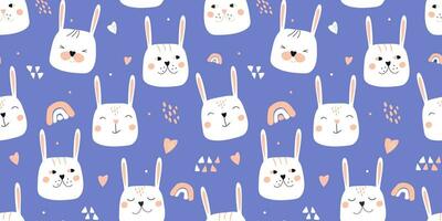 Seamless pattern with cute baby bunnies. Abstract faces of cheerful hares. Vector graphics.