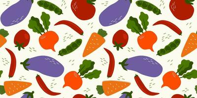 Seamless pattern with vegetables. Tomato, eggplant, pepper, carrot for food print. Vector graphics.