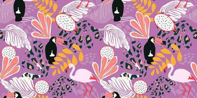 Seamless pattern with abstract exotic tropical print. Birds toucan, flamingo against the background of palm leaves, animal colors. Vector graphics.