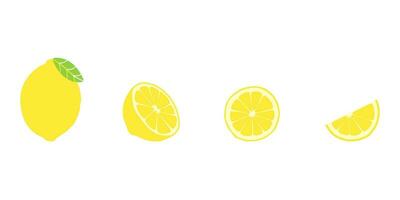 Lemon set vector illustration. Hand drawn trendy flat design colored clipart. Whole lemon, half lemon, slices and leaf. Fresh fruit scalable graphic elements.