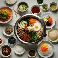 AI generated a variety of bowls of food are arranged on a table photo